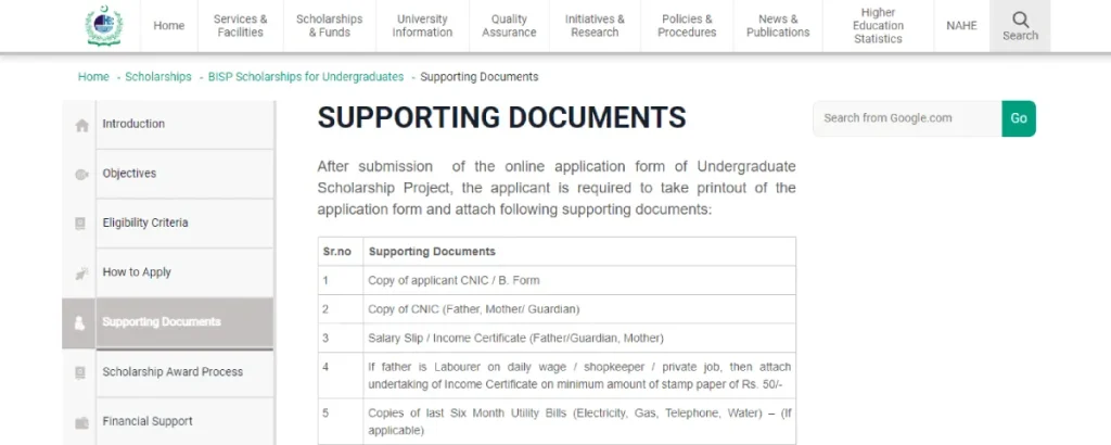 Supporting documents For Ehsaas Scholarship Program